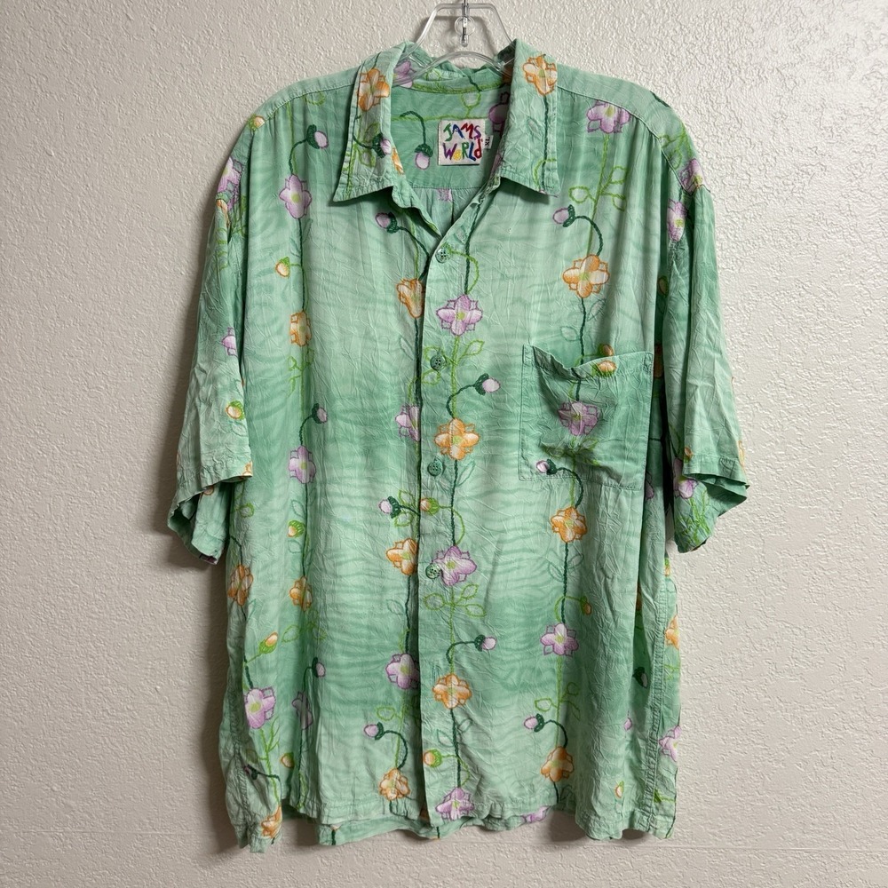 Vintage Jams World Shirt Mens‎ XL Green Gypsy Flower Rayon Floral Hawaiian USA